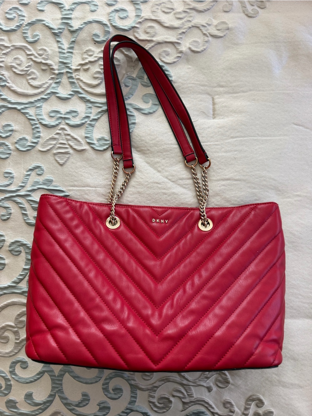 DKNY Red Quilted Shoulder Bag with Gold Chain Straps